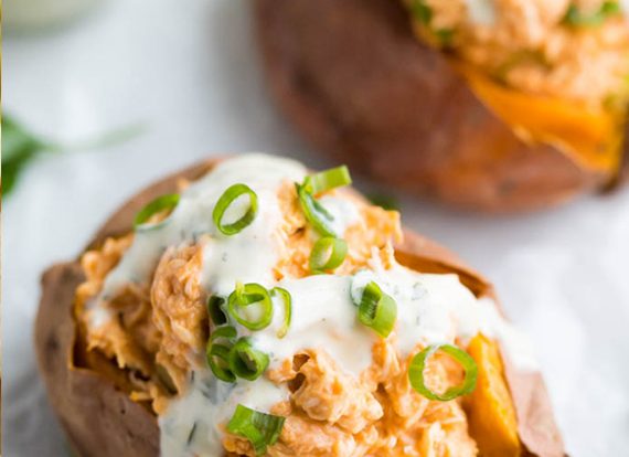 486-Healthy Creamy Buffalo Chicken Stuffed Sweet Potatoes with Ranch Dressing